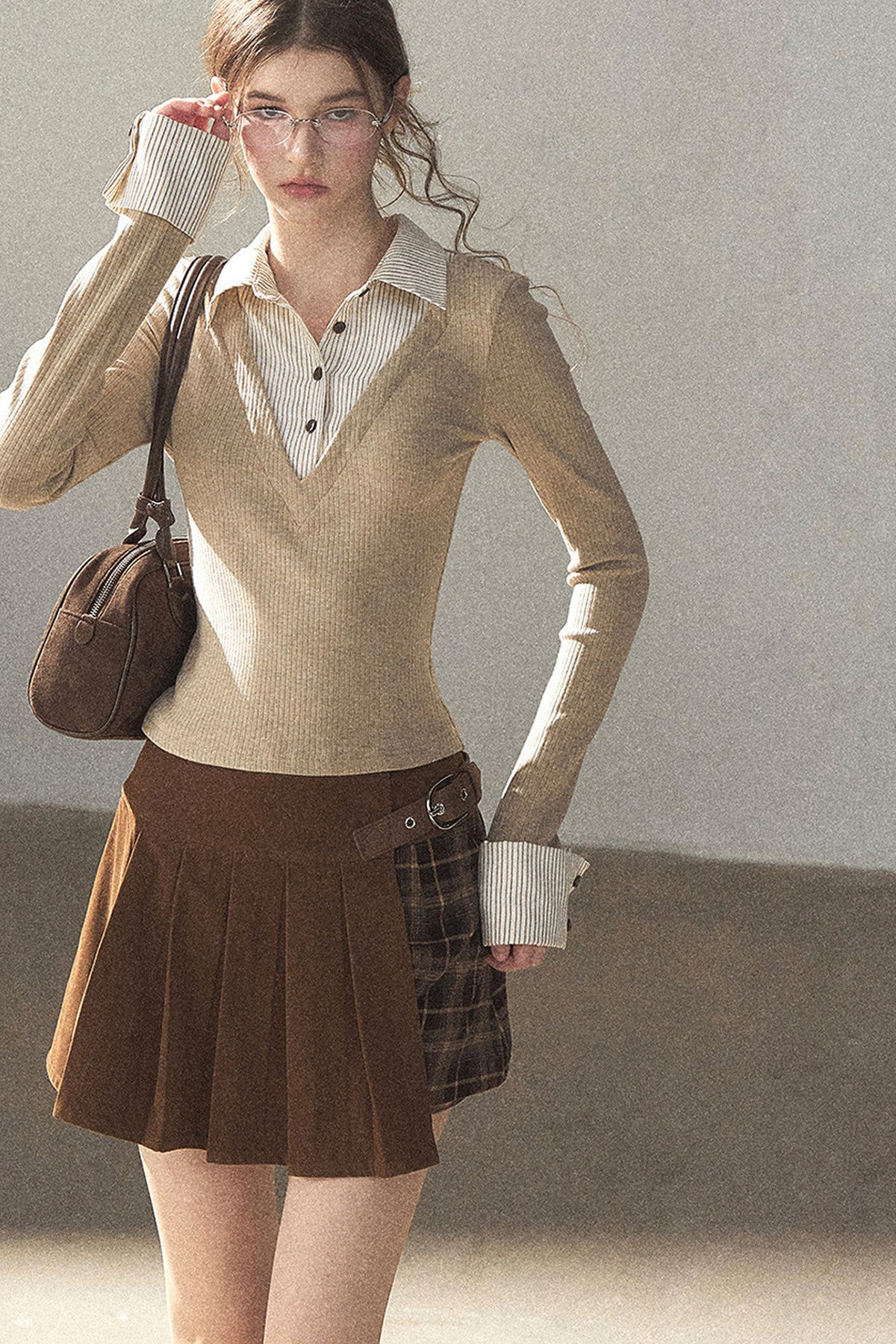 Layered-Look Polo Collar Striped Knit T-Shirt