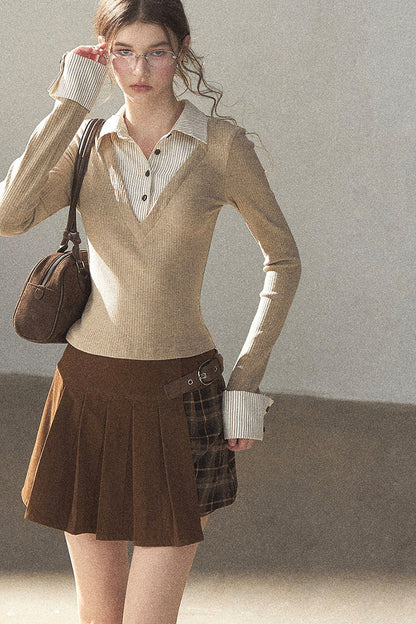 Layered-Look Polo Collar Striped Knit T-Shirt