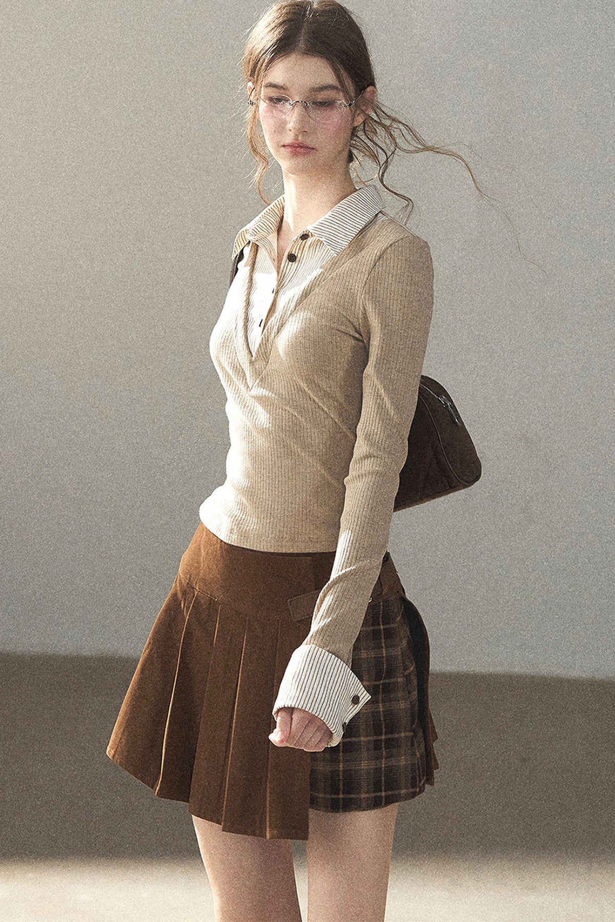 Layered-Look Polo Collar Striped Knit T-Shirt