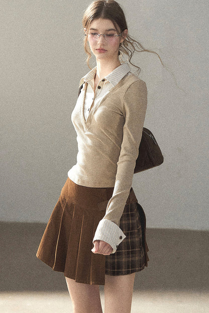 Layered-Look Polo Collar Striped Knit T-Shirt