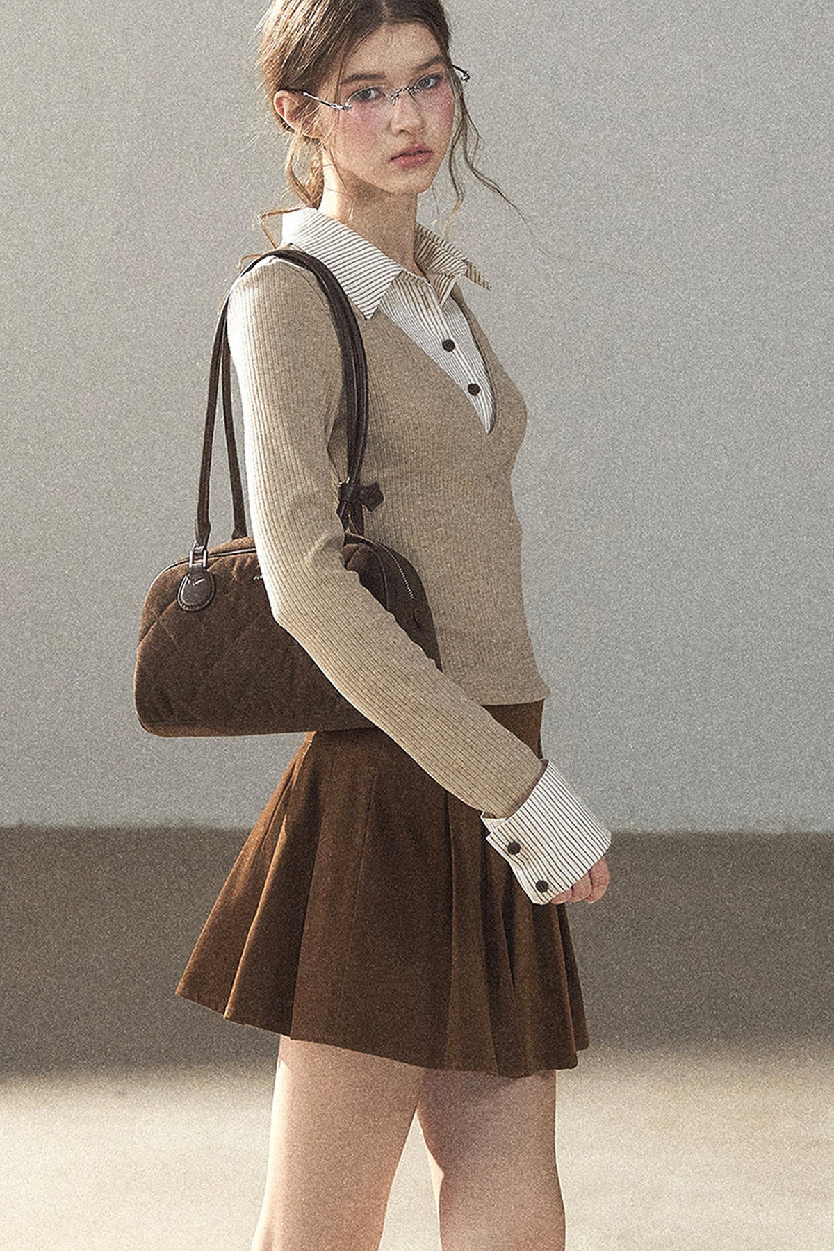 Layered-Look Polo Collar Striped Knit T-Shirt