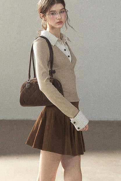 Layered-Look Polo Collar Striped Knit T-Shirt