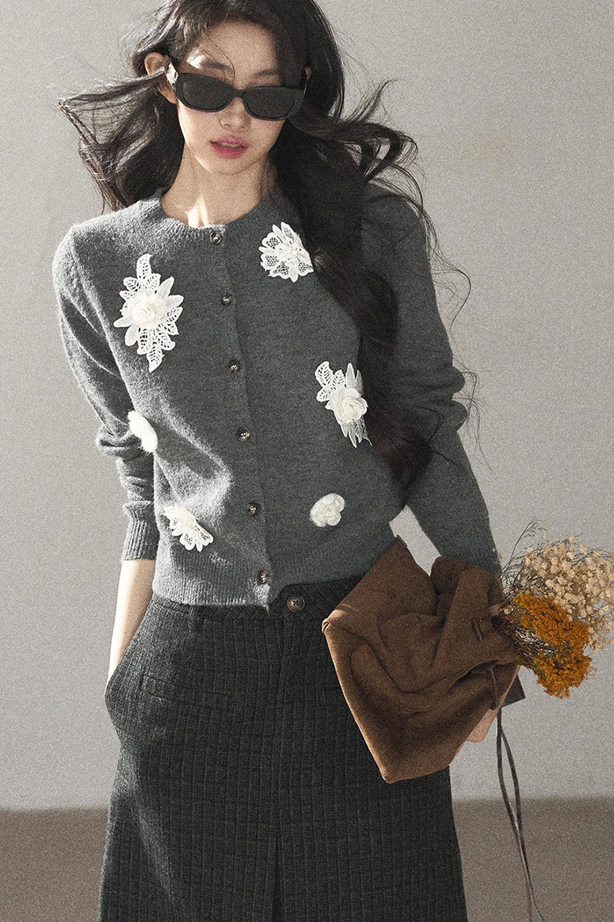 Three-Dimensional Floral Knit Sweater Cardigan