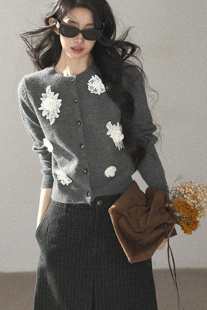 Three-Dimensional Floral Knit Sweater Cardigan