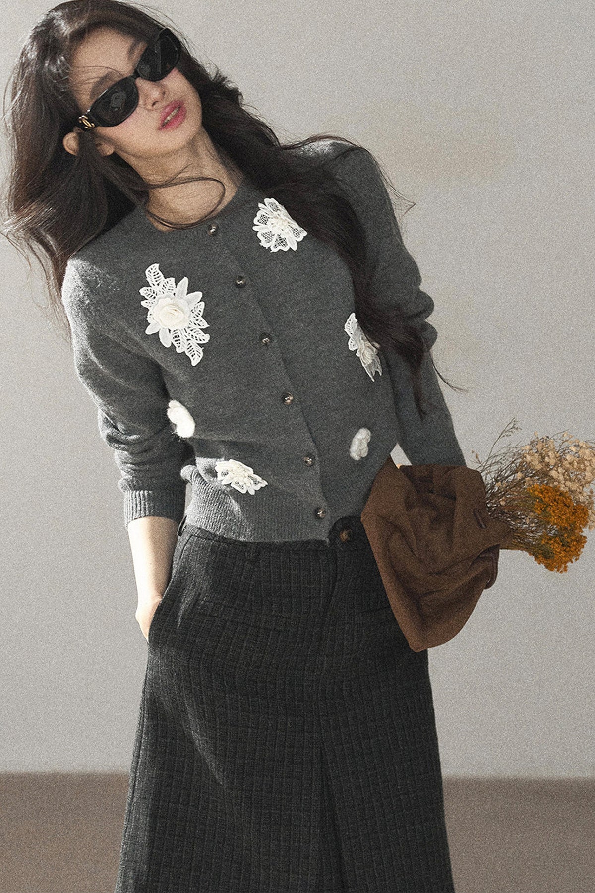 Three-Dimensional Floral Knit Sweater Cardigan