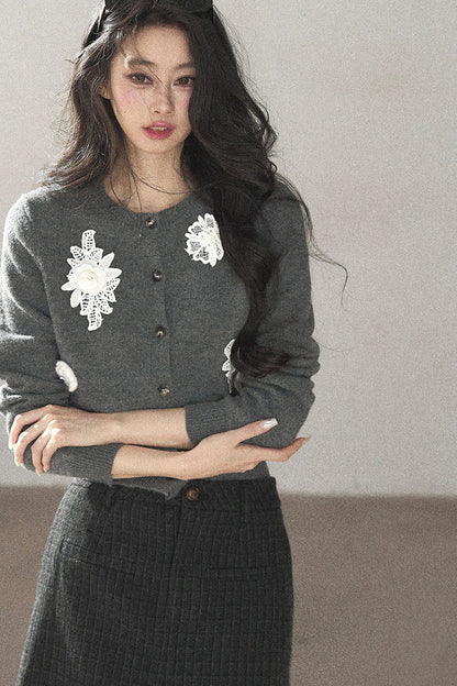 Three-Dimensional Floral Knit Sweater Cardigan