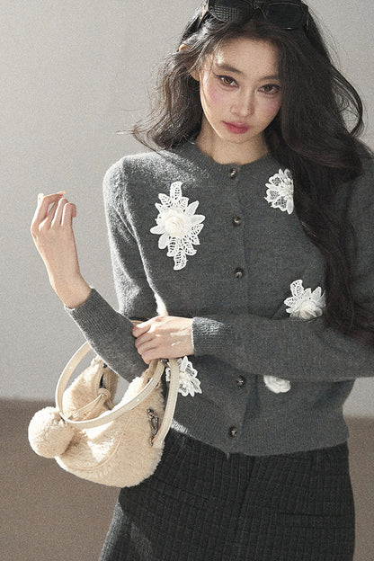 Three-Dimensional Floral Knit Sweater Cardigan