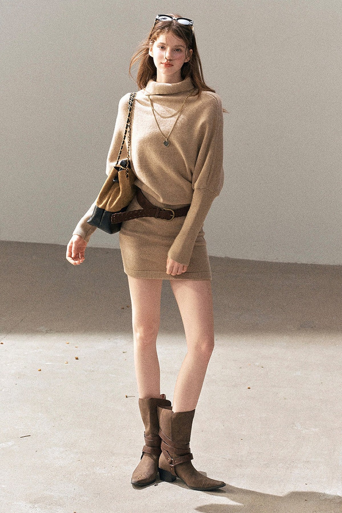 Wool Batwing Turtleneck Sweater Dress