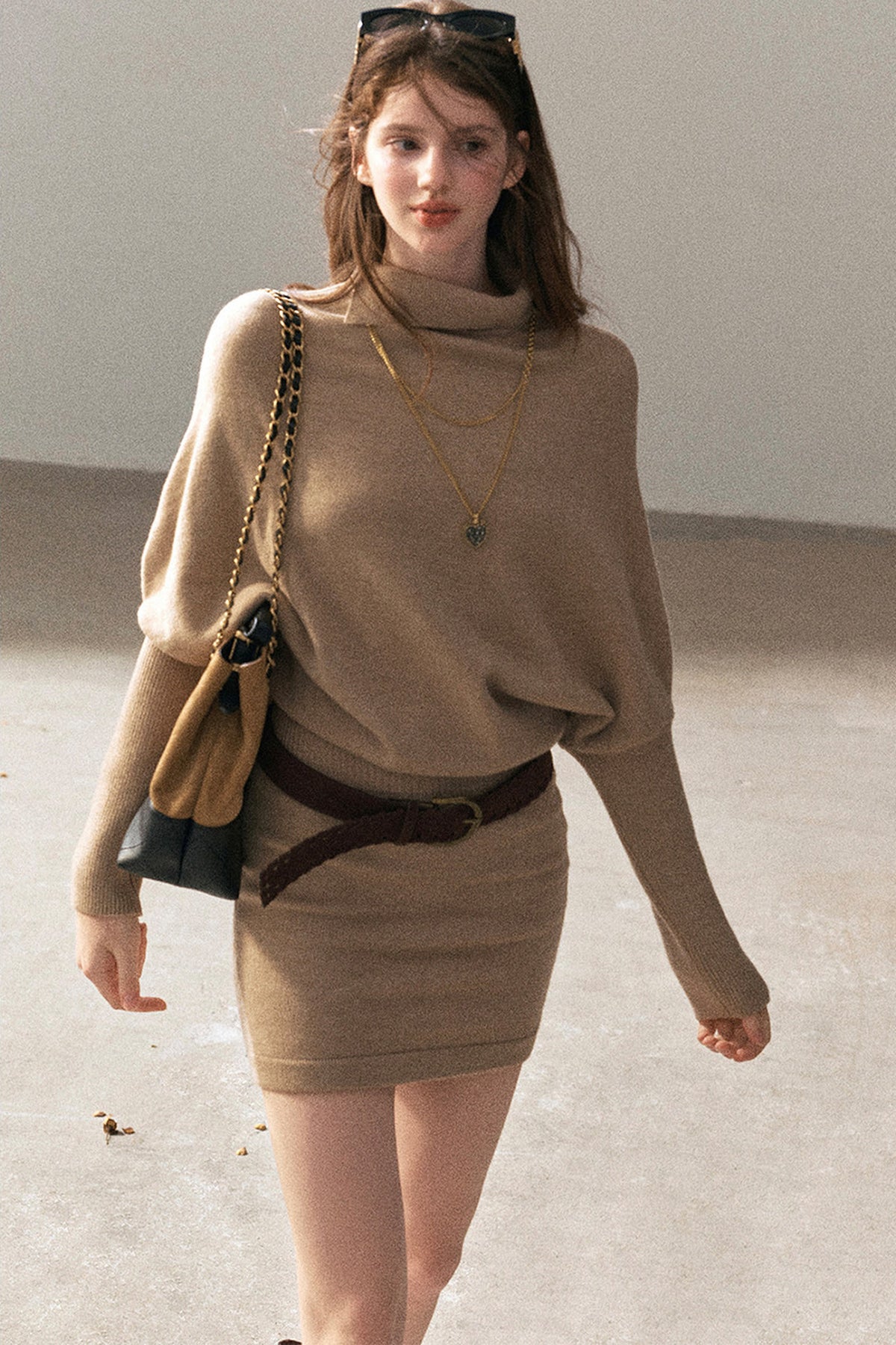 Wool Batwing Turtleneck Sweater Dress