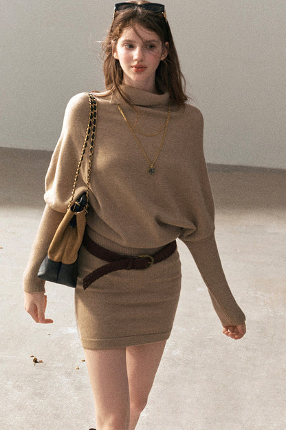 Wool Batwing Turtleneck Sweater Dress