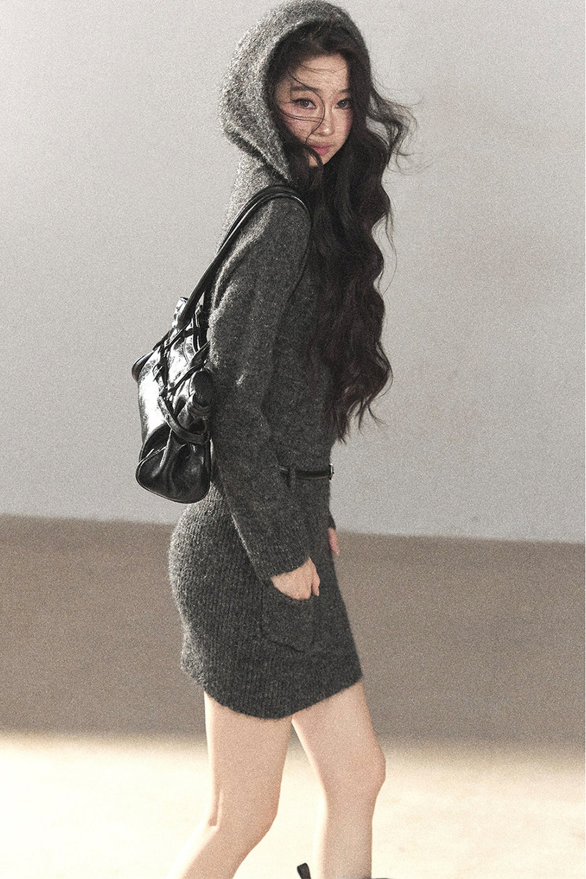 Whale Gray Wool Hooded Bodycon Sweater Dress