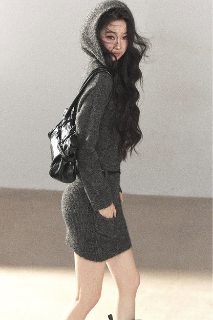 Whale Gray Wool Hooded Bodycon Sweater Dress