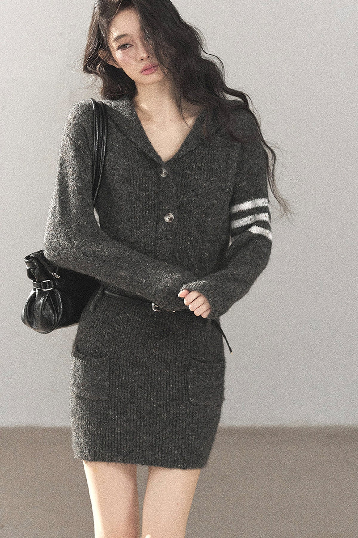Whale Gray Wool Hooded Bodycon Sweater Dress
