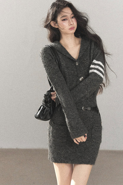 Whale Gray Wool Hooded Bodycon Sweater Dress