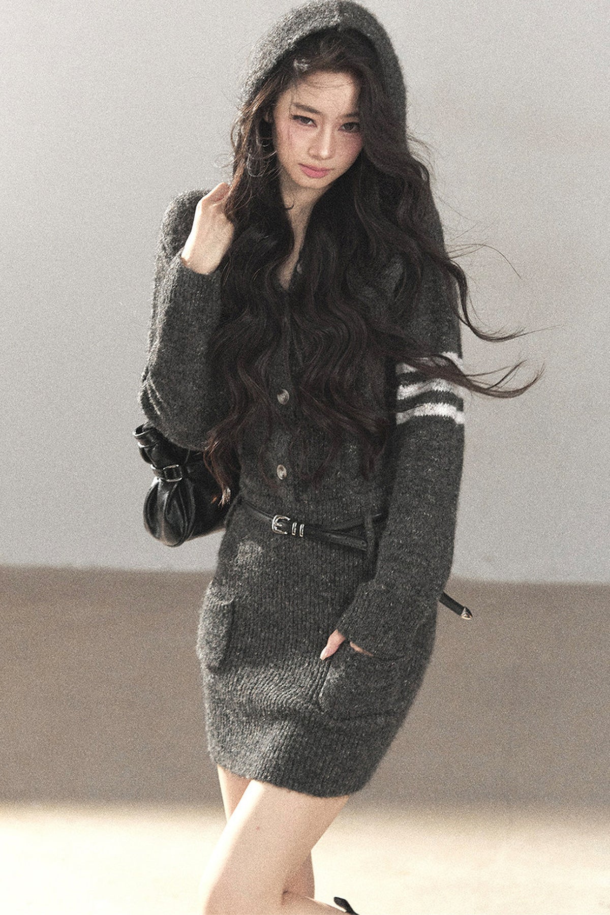 Whale Gray Wool Hooded Bodycon Sweater Dress