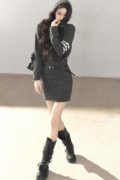 Whale Gray Wool Hooded Bodycon Sweater Dress