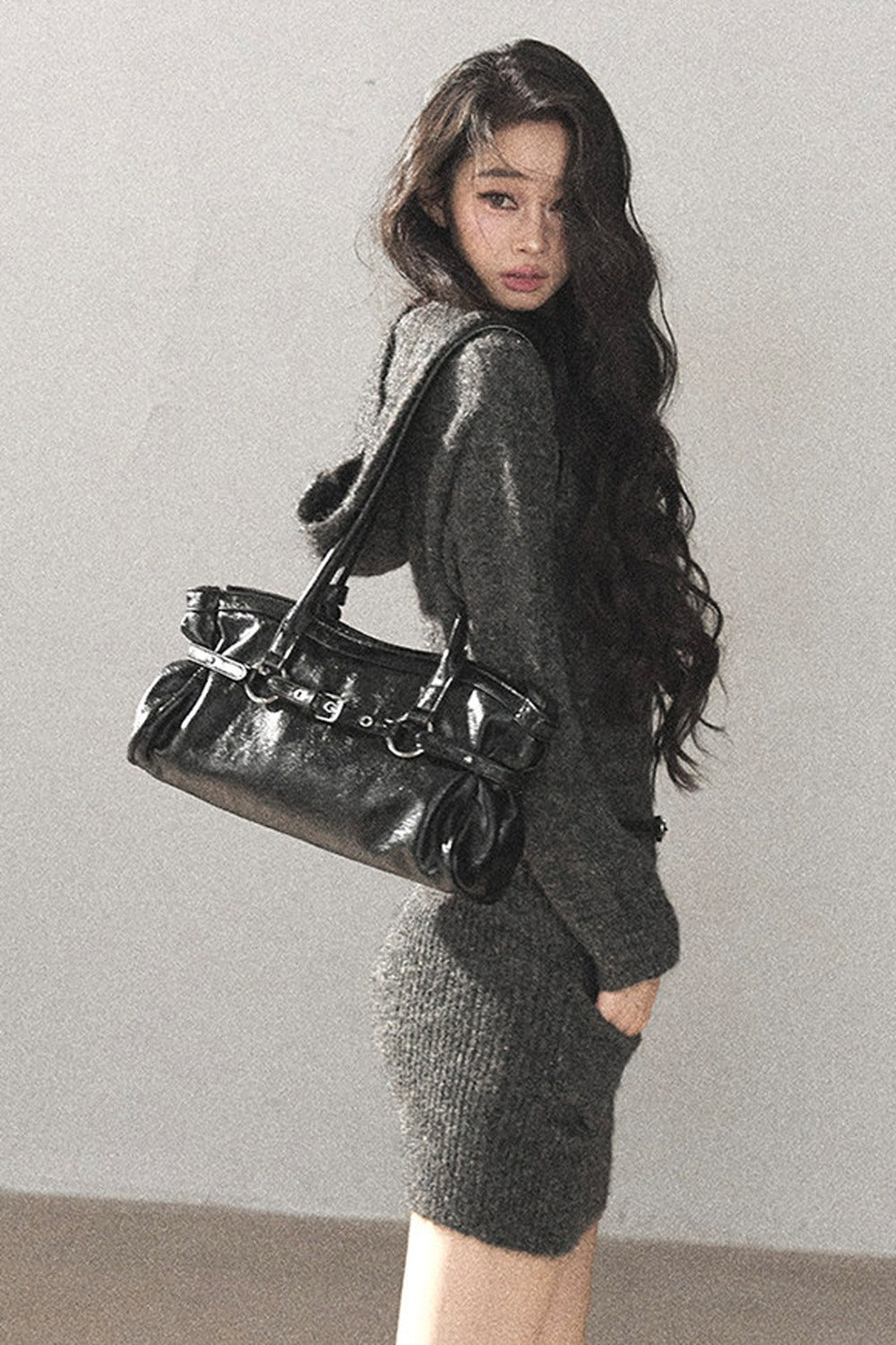 Whale Gray Wool Hooded Bodycon Sweater Dress