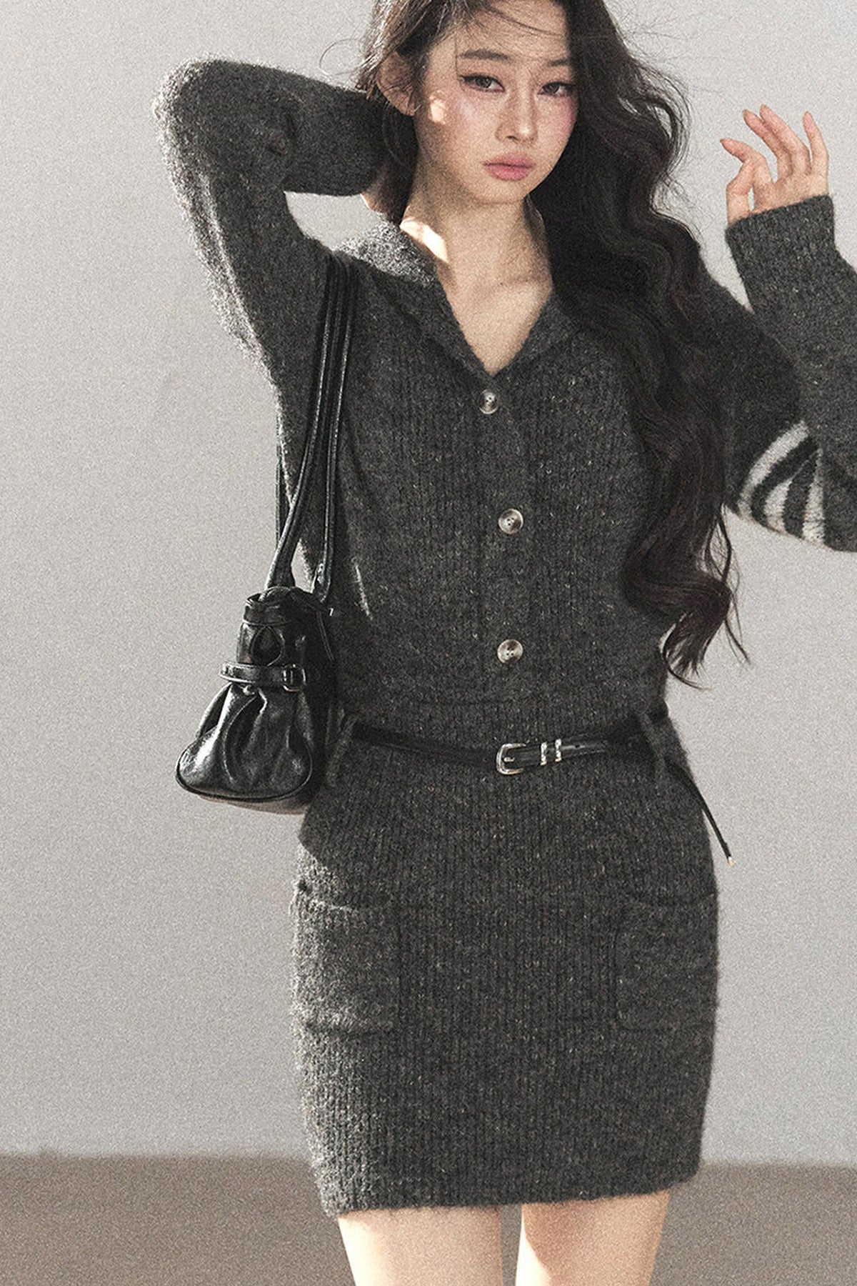 Whale Gray Wool Hooded Bodycon Sweater Dress