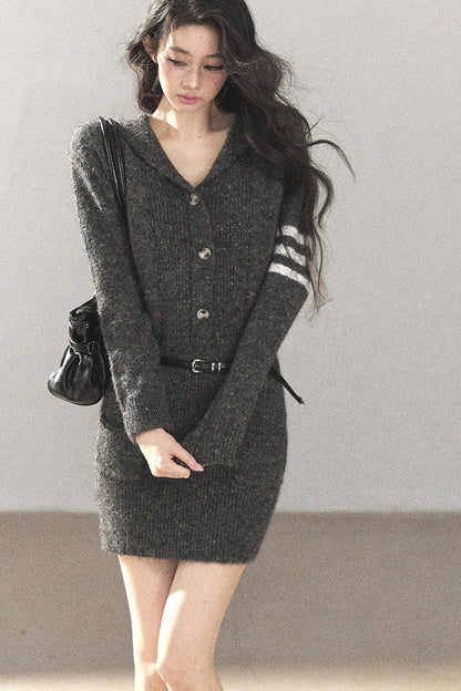Whale Gray Wool Hooded Bodycon Sweater Dress