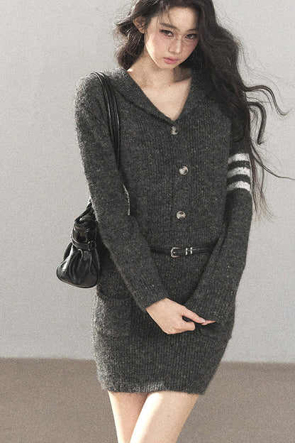 Whale Gray Wool Hooded Bodycon Sweater Dress