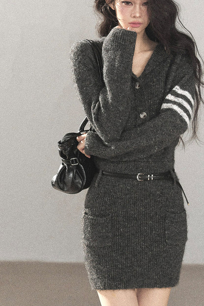 Whale Gray Wool Hooded Bodycon Sweater Dress