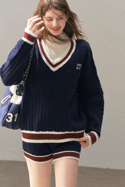 College Style Knit Sweater and Knit Shorts Set-Up