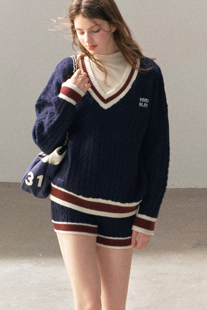 College Style Knit Sweater and Knit Shorts Set-Up