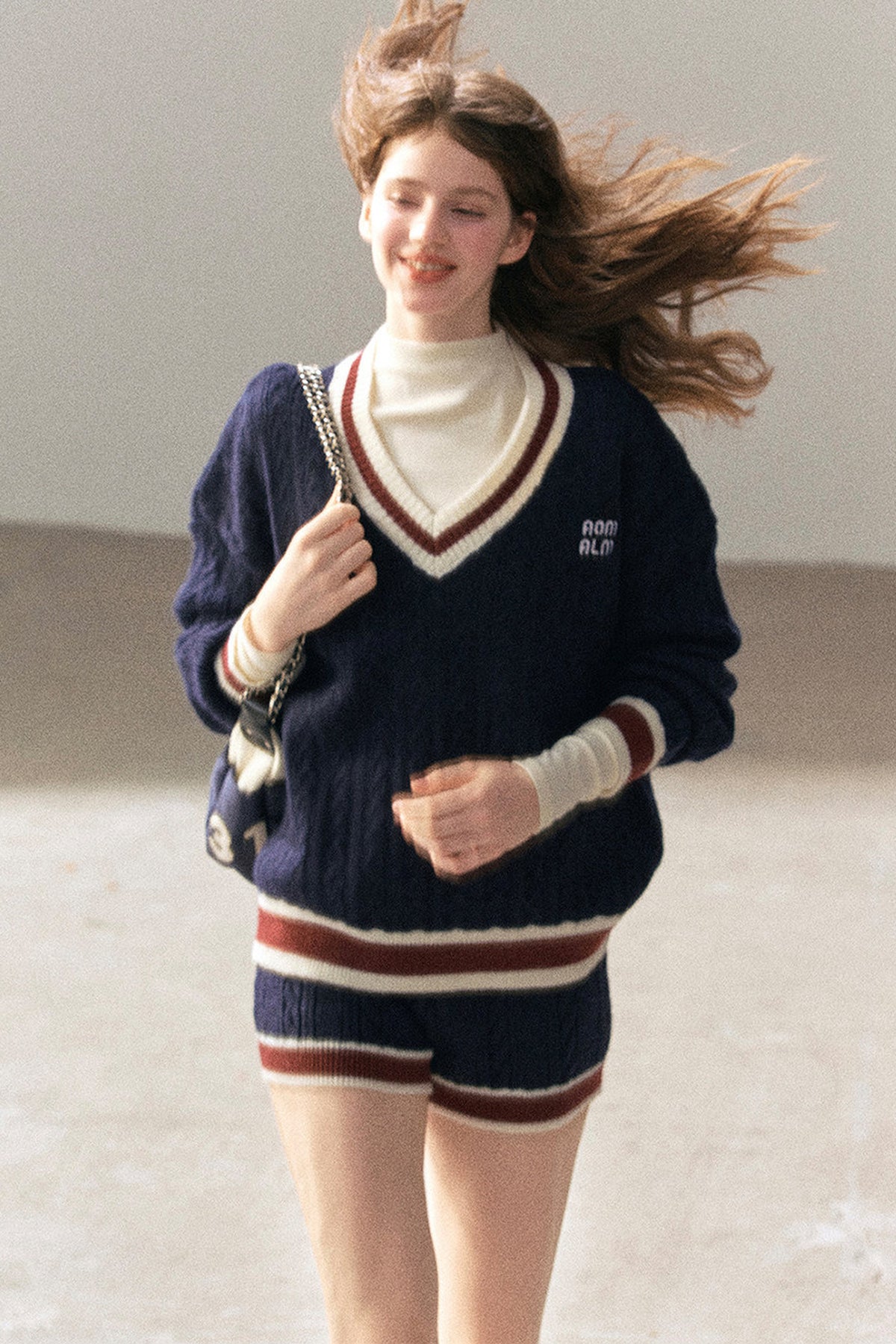 College Style Knit Sweater and Knit Shorts Set-Up