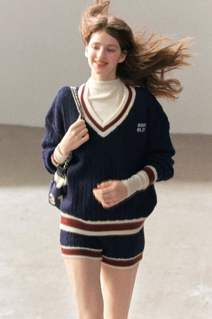 College Style Knit Sweater and Knit Shorts Set-Up