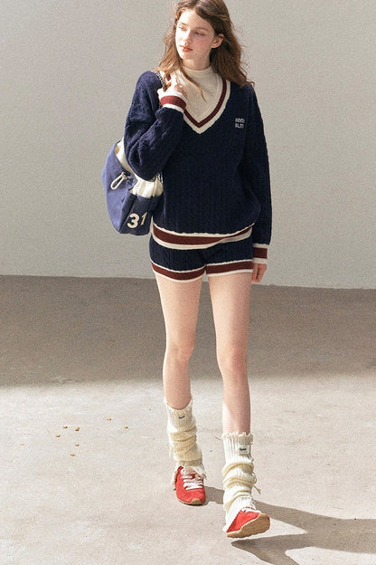 College Style Knit Sweater and Knit Shorts Set-Up