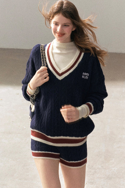College Style Knit Sweater and Knit Shorts Set-Up