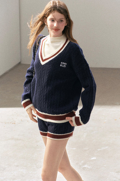 College Style Knit Sweater and Knit Shorts Set-Up