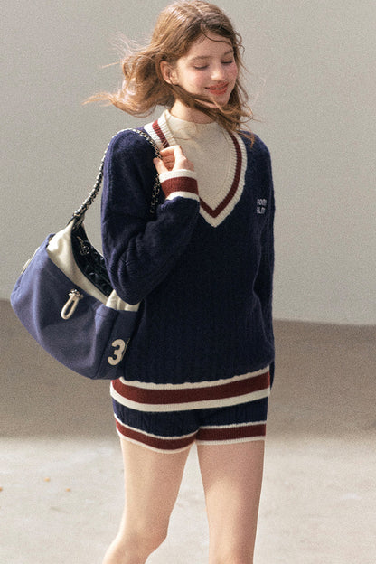 College Style Knit Sweater and Knit Shorts Set-Up
