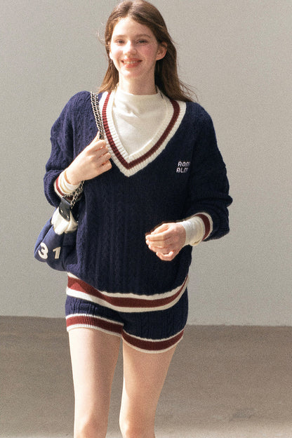 College Style Knit Sweater and Knit Shorts Set-Up