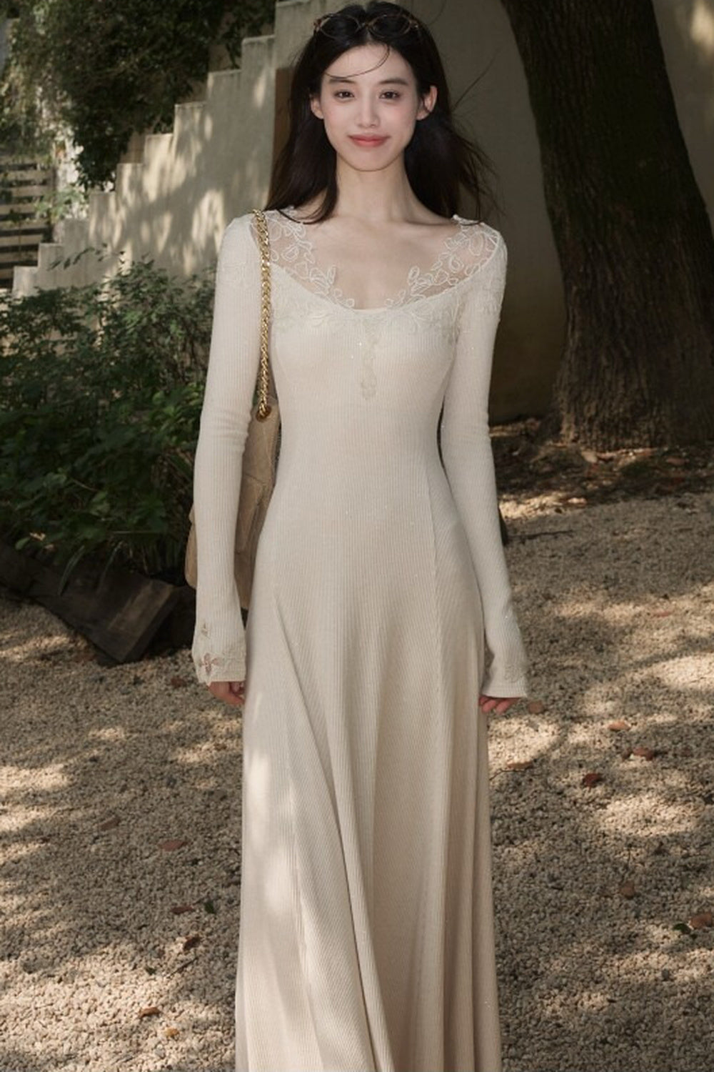 Spliced Lace Trim Long-Sleeve A-Line Dress