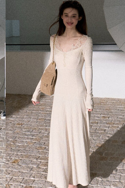 Spliced Lace Trim Long-Sleeve A-Line Dress