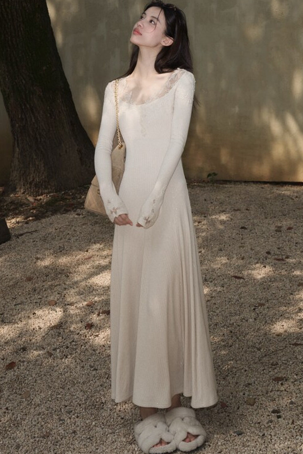 Spliced Lace Trim Long-Sleeve A-Line Dress