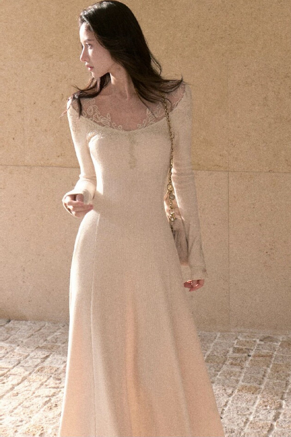 Spliced Lace Trim Long-Sleeve A-Line Dress