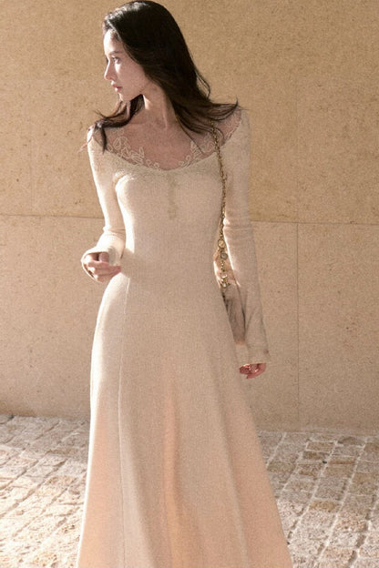 Spliced Lace Trim Long-Sleeve A-Line Dress