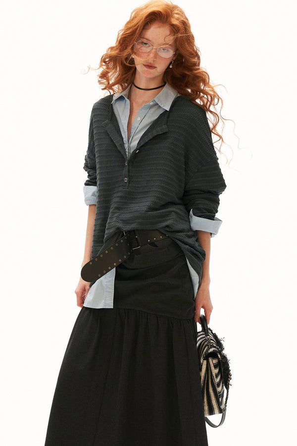 Cloud Texture Drapey Henry Collar Long-Sleeve T-Shirt