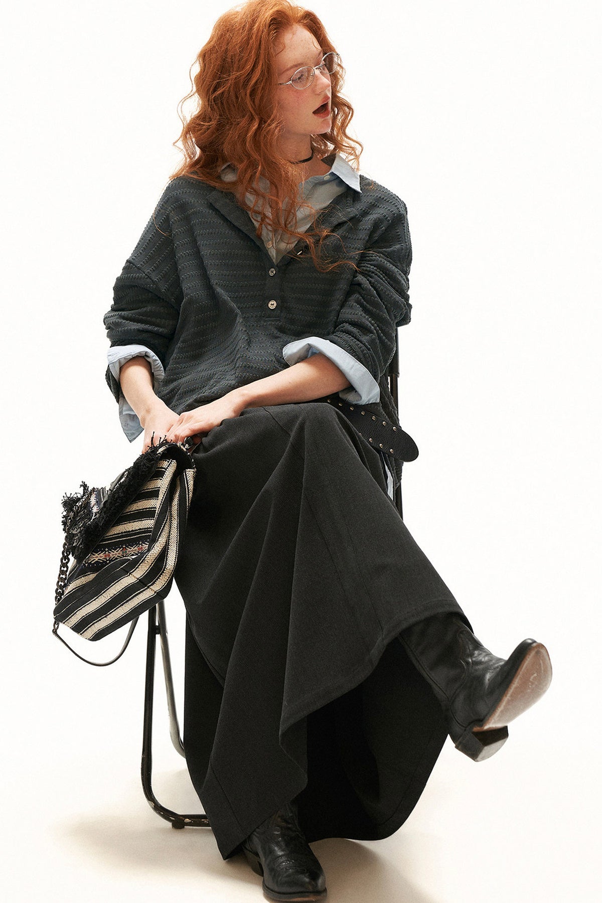 Cloud Texture Drapey Henry Collar Long-Sleeve T-Shirt