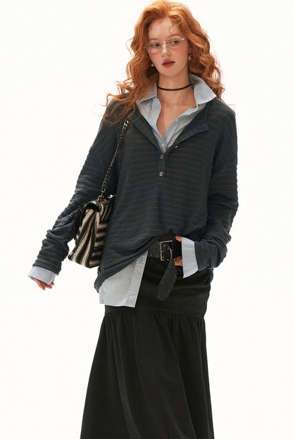 Cloud Texture Drapey Henry Collar Long-Sleeve T-Shirt