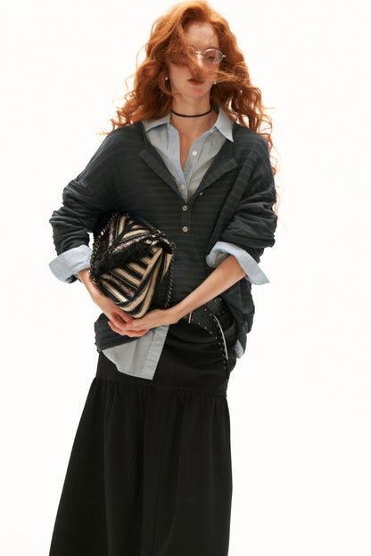 Cloud Texture Drapey Henry Collar Long-Sleeve T-Shirt