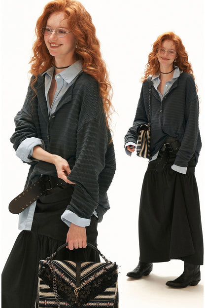 Cloud Texture Drapey Henry Collar Long-Sleeve T-Shirt