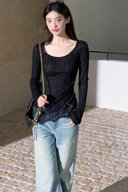 Jacquard Spliced Lace Knit Top