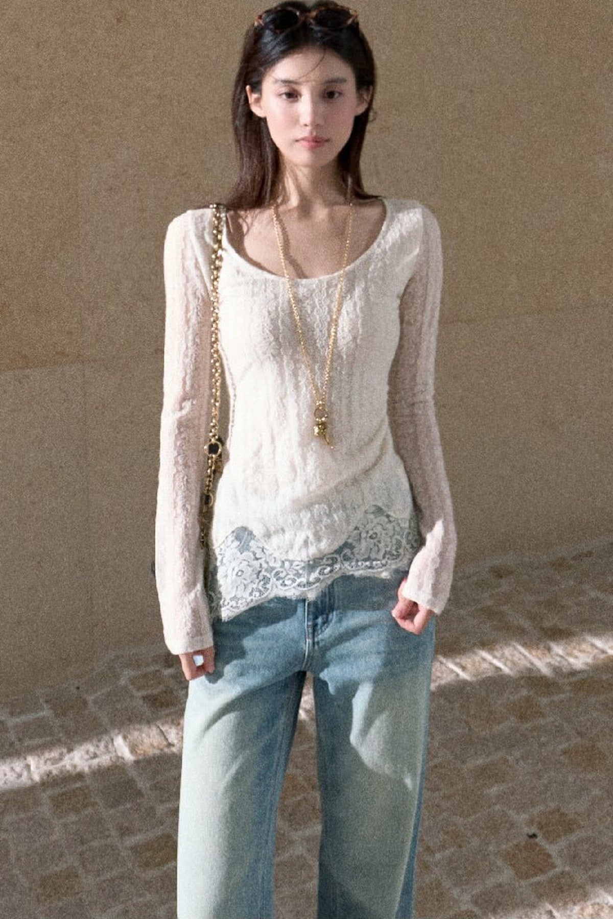 Jacquard Spliced Lace Knit Top