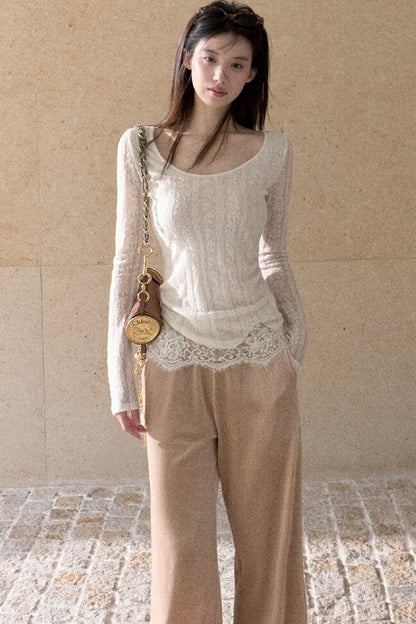 Jacquard Spliced Lace Knit Top