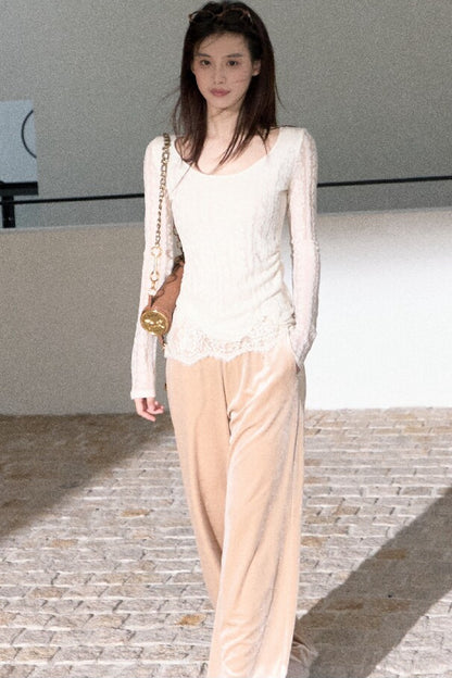 Jacquard Spliced Lace Knit Top