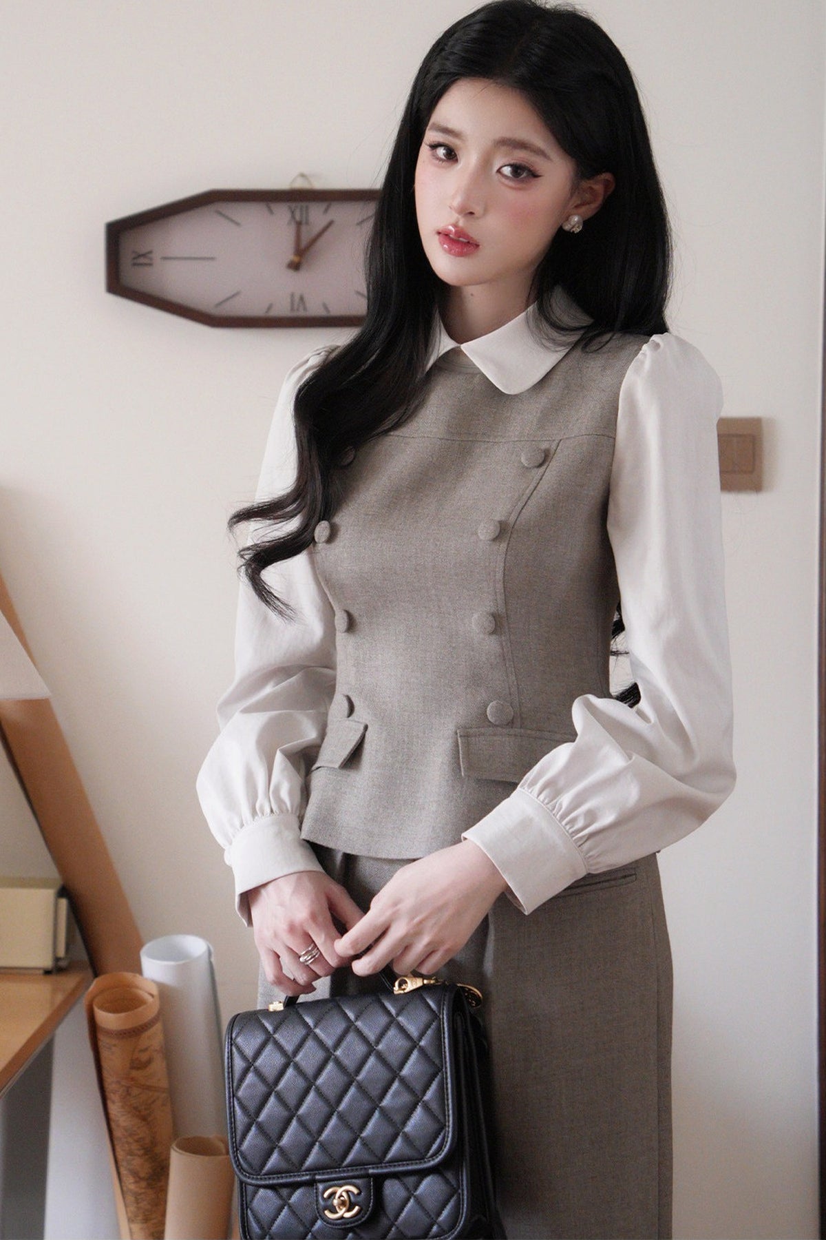 Doll Collar Puff Sleeve Shirt and Pants Set-Up