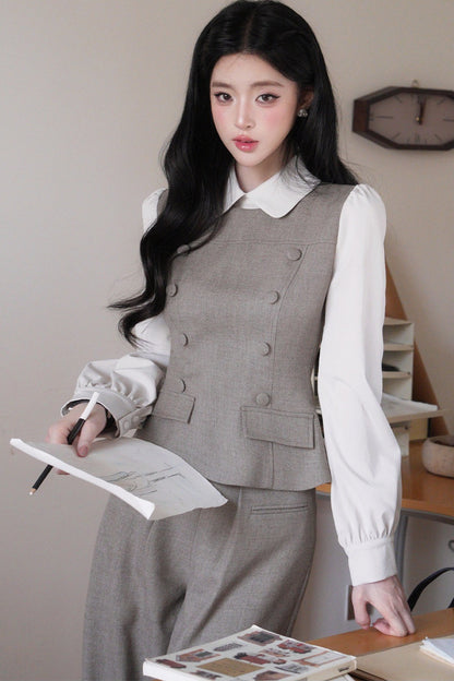 Doll Collar Puff Sleeve Shirt and Pants Set-Up